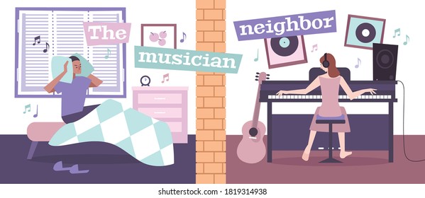 House neighbors background with loud music lessons symbols flat vector illustration