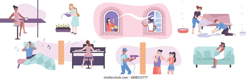 House neighbors concept set with repair and music symbols flat isolated vector illustration