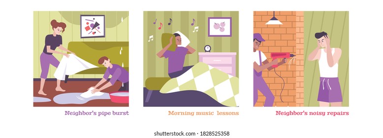 House neighbors conflict set with morning music symbols flat isolated vector illustration