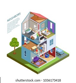 House with neighbors including spoiled kids, crying baby, barking dog, people during quarrel isometric composition vector illustration