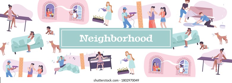 House neighbors pattern with pets and children noise symbols flat vector illustration