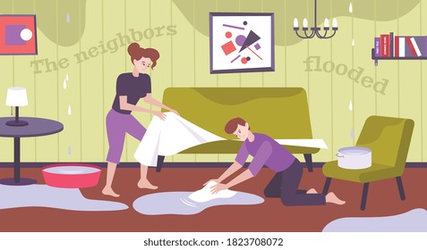 Hausbenachbarte Problemhintergrund mit überfluteten Wohnungssymbolen flache Vektorgrafik