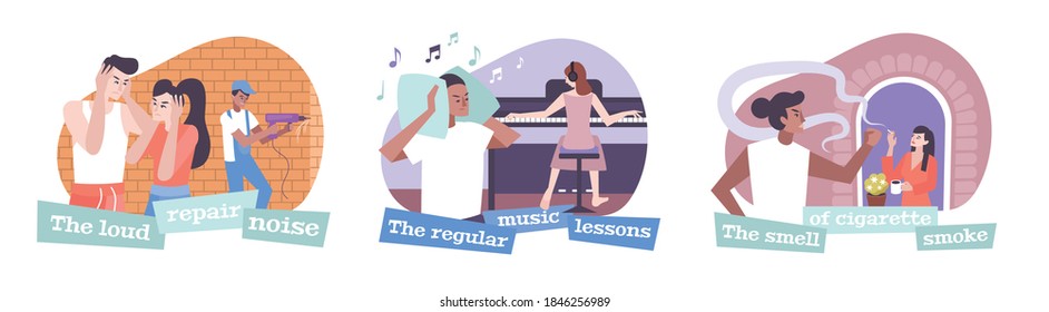 House neighbors set with music and cigarette smoke symbols flat isolated vector illustration