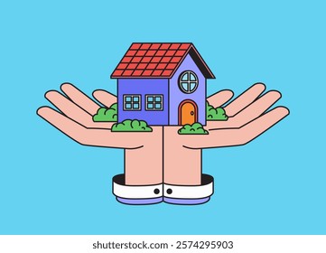 House nestled in hands, symbolizing care and security, ideal for real estate or home services hand drawn illustration vector