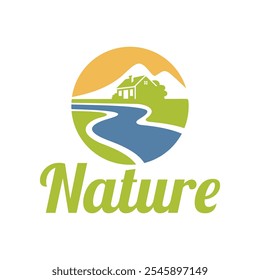 house nestled in a natural setting with mountains, a river, and a sun.