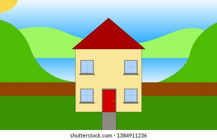 House next to lake vector illustration