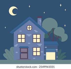 House at night. Beautiful buildiung. Comfortable and cozy home. Modern urban architecture. Real estate and private property. Facade of suburban residence. Flat vector illustration