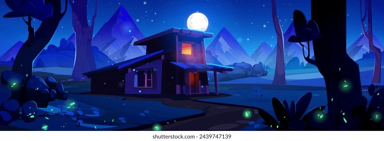 Casa en bosque nocturno con fondo de montaña y juego de luciérnagas. Paisaje de bosque salvaje oscuro de Halloween y cabaña mágica. Espeluznante y mística pequeña casa de campo exterior con ventana sobre cielo estrellado.