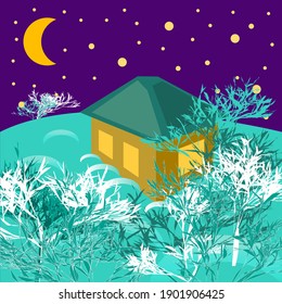 house in the night forest, in snowdrifts, in the snow, under the moon, surrounded by snow-covered trees