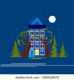 House at night with a glowing window among trees and bushes. Urban European landscape environment. The sky with the moon and the stars. Vector illustration.