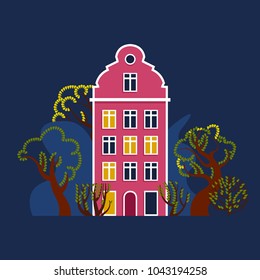 House at night with a glowing window among trees and bushes. Urban European landscape environment. Vector illustration.