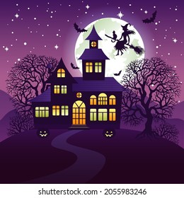 House at night with glowing windows, full moon, halloween pumpkin, flying witch and bats. Halloween vector illustration.