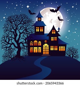 House at night with glowing windows, full moon, halloween pumpkin, flying witch and bats. Halloween vector illustration.