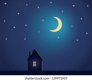 House And Night Sky With Stars And Moon. Vector Illustration