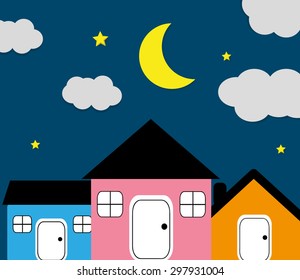 House and night sky with stars and moon. vector illustration