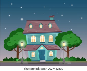 House at night with trees, bushes, street lamps, dark sky with stars. Cottage at summer night. Night or evening suburb landscape. Night house windows. Vector illustration in flat cartoon style. 