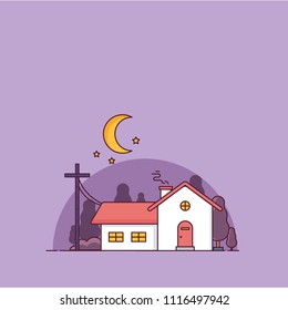 House at Night Violet Sky Minimal Style Vector Illustration