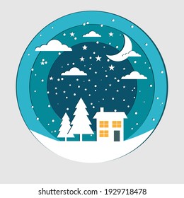 House In The Night Winter Forest For Christmas. Paper Cutout. Vector Illustration.