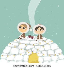 house in the north. igloo in winter. children sit on the roof and drink tea. Christmas card.
