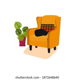 House is not a home without a cat. Cat lying on chair . Vector illustration on a white isolated background.