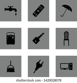 House object black icon set - home appliances symbol bundle - faucet, remote, umbrella, bag, key, chair, broom, computer, pc black icon.- vector