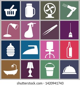 House object icon set - basket, water glass, electric fan, hair dryer, table lamp, sprayer, twezeers, broom, water gallon, iron, chair, bottle, bucket, food cover, buth up icon.- vector