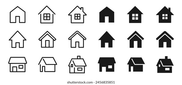 House objects, simple home icons, housing and real estate solid color and line drawing vector illustration set on white background