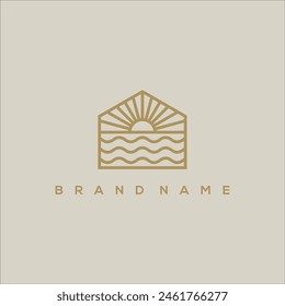 house ocean waves and sun logo line vector