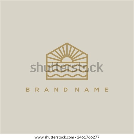 house ocean waves and sun logo line vector
