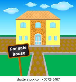 House offered for sale, against the background of a lawn and clouds 