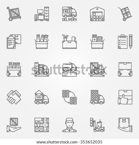 House or office moving icons - vector set of moving services symbols in thin line style. Linear transporting and delivery signs