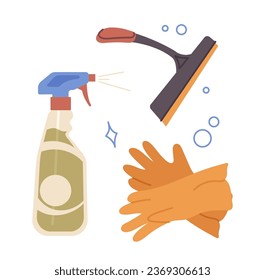 House and office window washing and cleaning items, set of gloves, detergent spray and squeegee