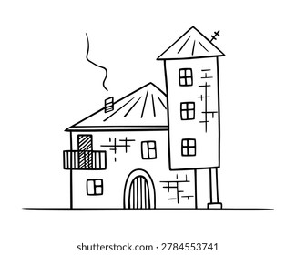 House old architecture doodle sketch style, hand drawn sweet home cozy place residence, building for living rent estate realty concept, hut or cabin cottage urban design element. Isolated. Vector