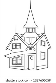 House. Old mansion - vector linear picture for coloring. Halloween scary house - element for coloring. Outline.