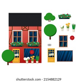 A house in an old Swiss town. Flower store. Flat style illustration