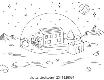 House on an alien planet graphic black white space landscape sketch illustration vector