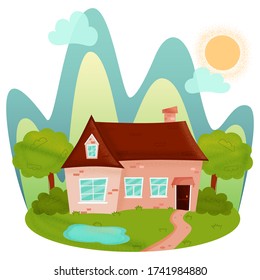 A house on the back of mountains, on a green lawn, with a body of water, sun, clouds, trees. For design, such as packaging.