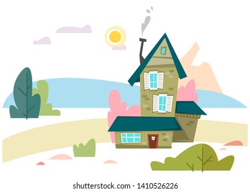 House on the background of the field and mountains. Eco housing in nature. Vector illustration in cartoon style.