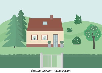 House on the background of nature. Flat style. Vector illustration 