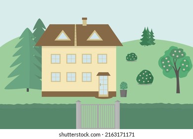 House on the background of nature. Flat style. Vector illustration 