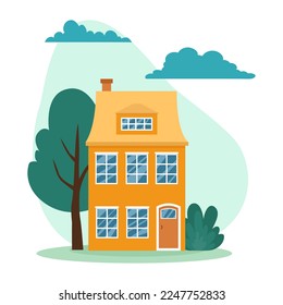 House on the background of the sky, clouds and trees. Home exterior in trendy flat style. Facade of a house with a door and windows. Flat design cityscape. Mansion vector illustration.