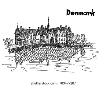 house on the banks of the river Denmark postcard in the sketch style vector work