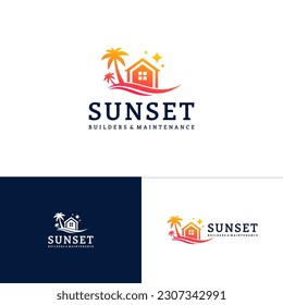 House on the beach logo template, Creative House logo design vector, Sun logo concepts
