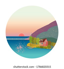 House on the beach, mountain landscape in the form of a round sticker. Vector image of mountains, rivers, lakes, and forests.