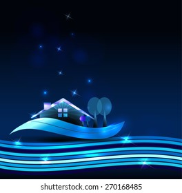 House on a beautiful blue background with shiny lines and stars