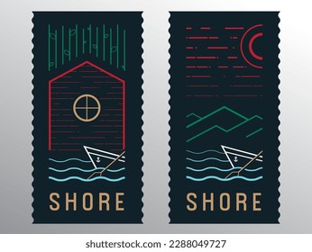 house on the coast, forest, boat, hotel icon design illustration on dark background