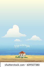 House on the coast of the sea, and the high sky with cloud, vector scenery.