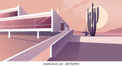 House on the edge of the desert. Contemporary residential architecture, abstract flat vector illustration in pastel pink shades. Background mockup for landing page or banner design.