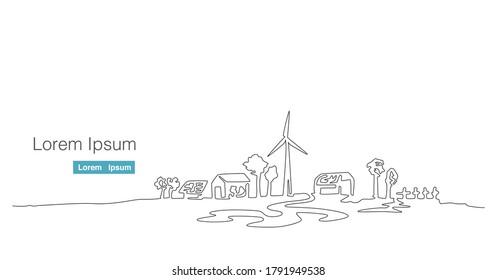 house on field with wind turbine, solar cell, and tree background. single continuos line drawing