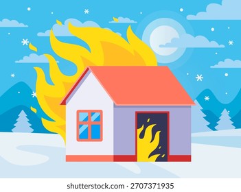 Ein Haus in Flammen vor einem Winterhintergrund. Ein privates Gebäude in einem Dorf. Flache Abbildung.